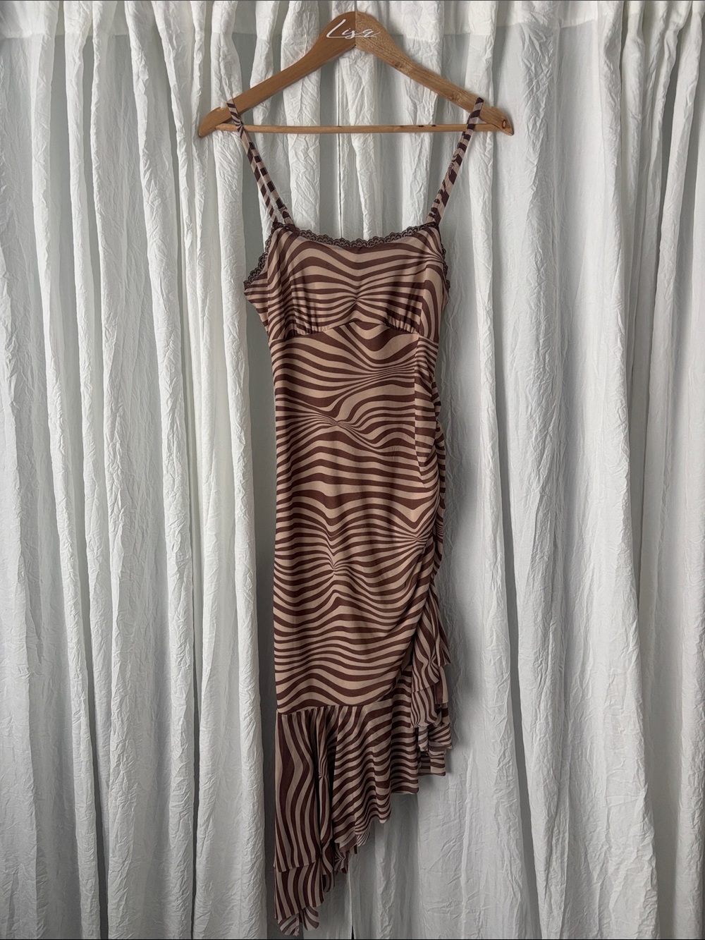 wild fable Brown & Cream Asymmetrical Zebra-Print Slip Dress